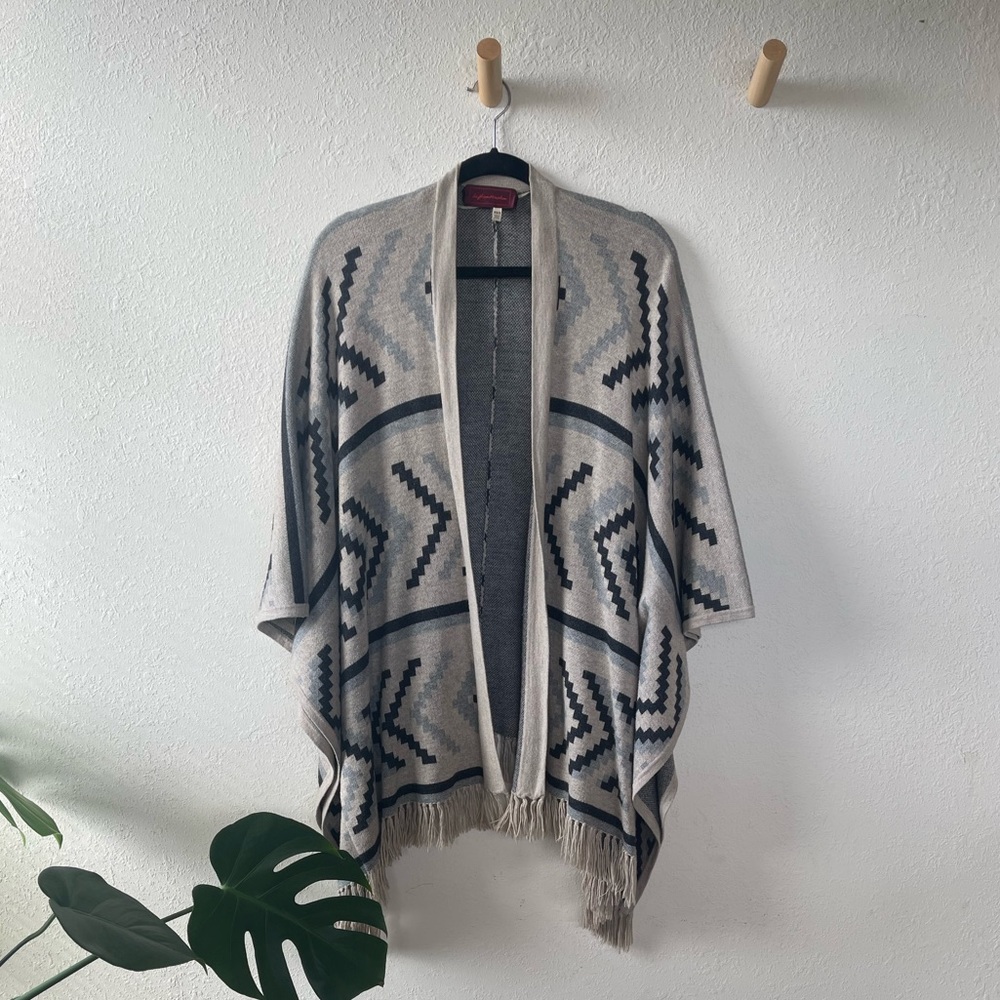 Left on Houston Tribal Motif Knit Poncho with Fringe